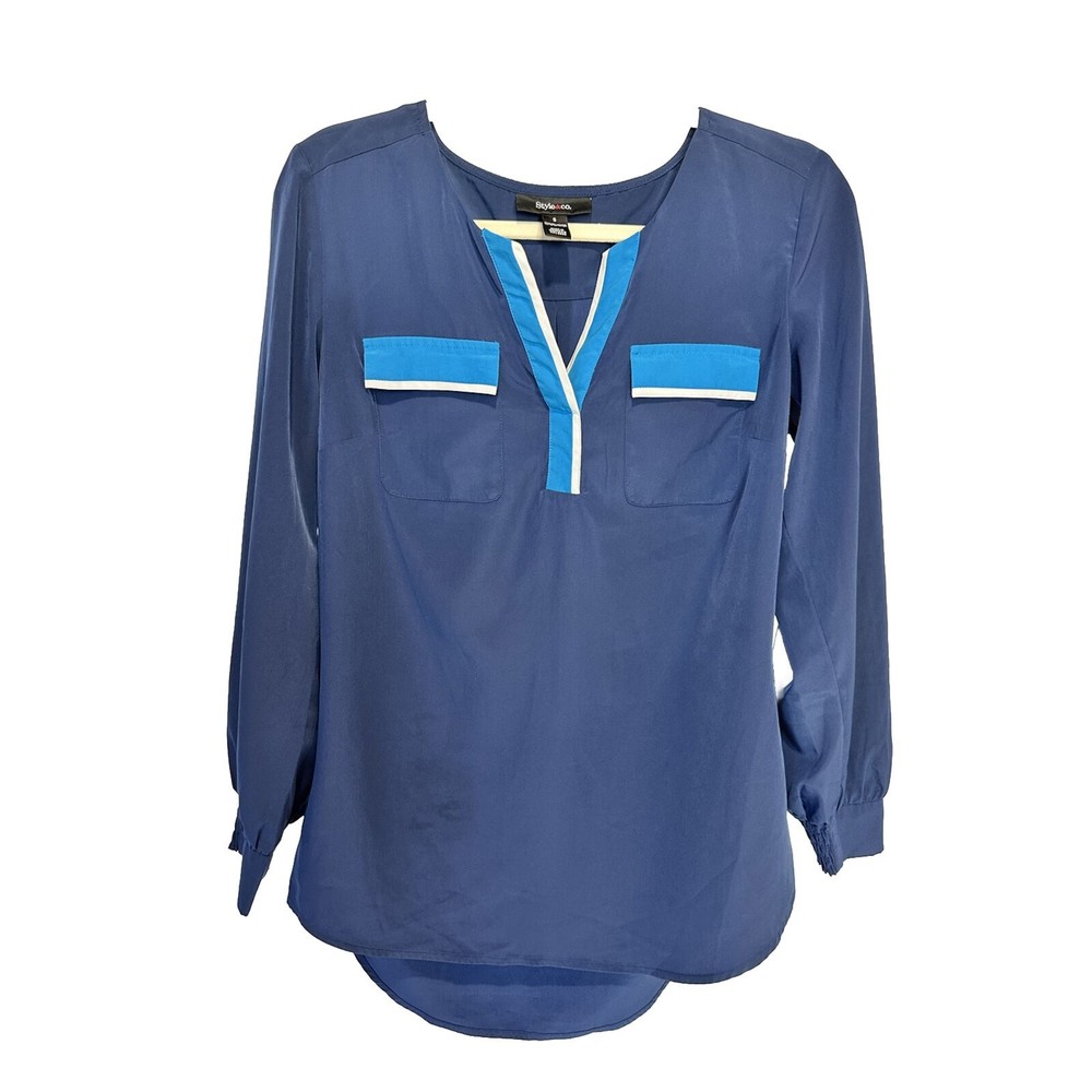 Style & Co Small Tunic Blue Bishop Sleeve Accent Pockets Round Hem V Neckline